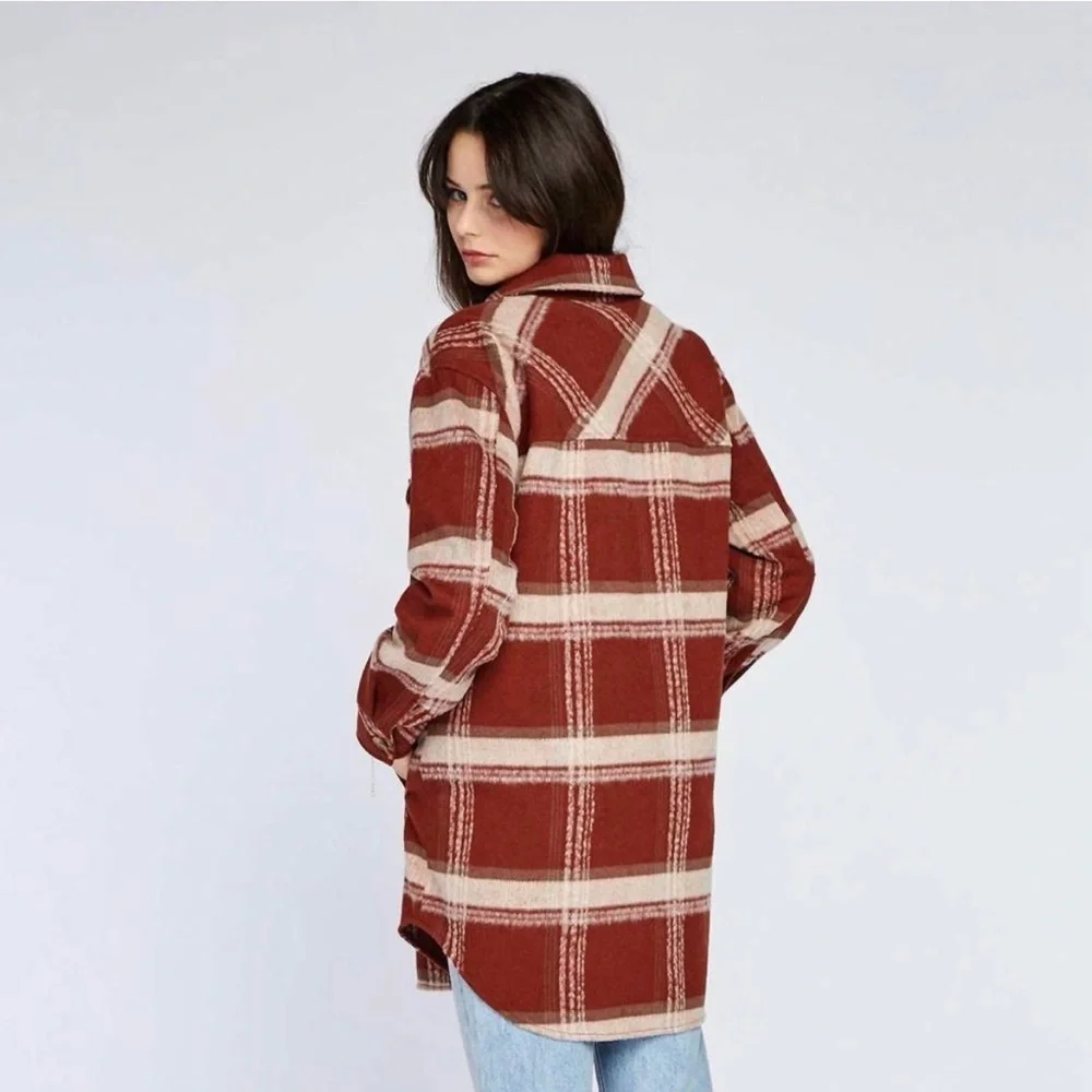 Gentle Fawn Leighton Jacket Red and Cream Plaid Flannel Button Up Long Shacket - Picture 4 of 9